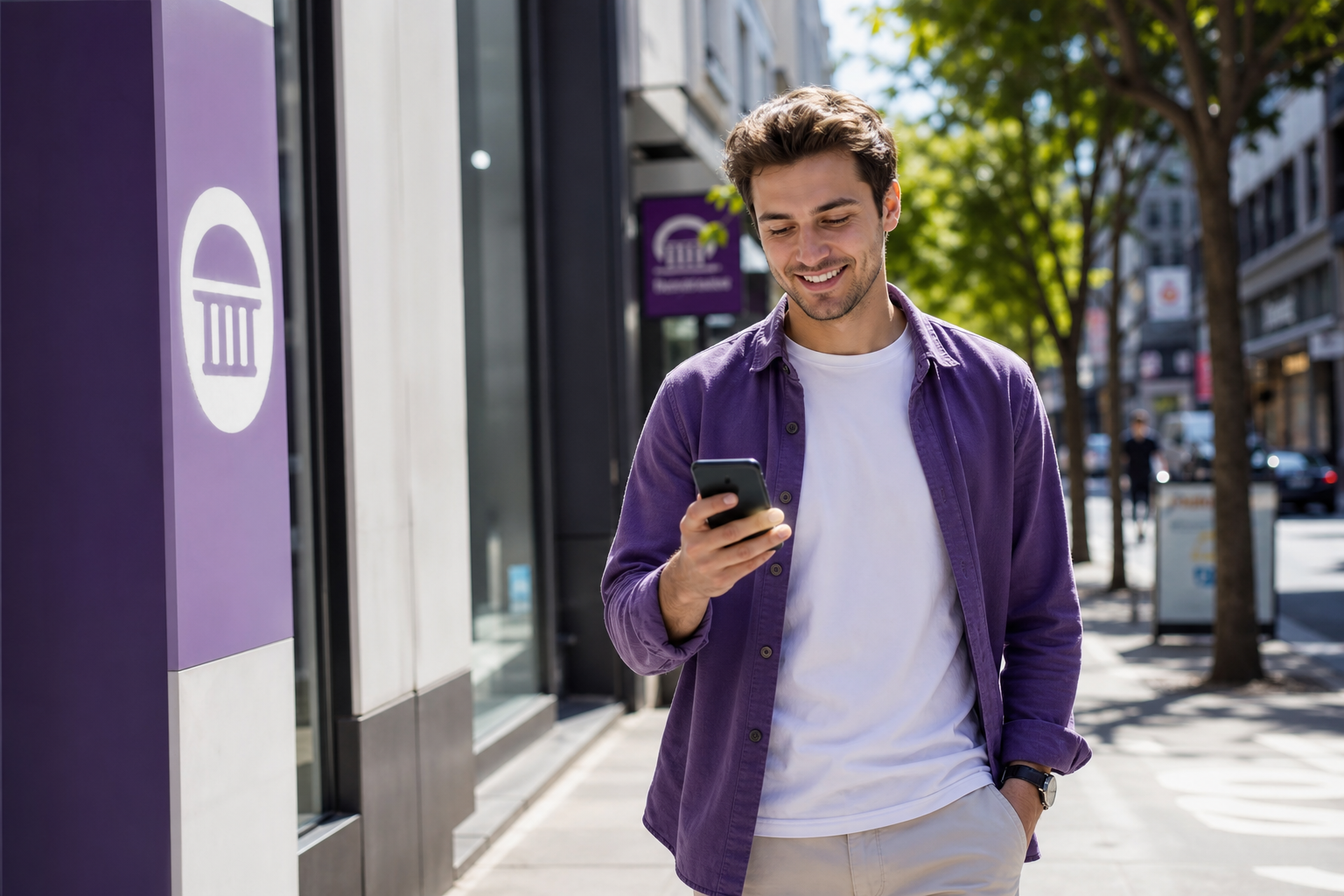 Man walking outdoors while completing a Truist online banking login on his phone