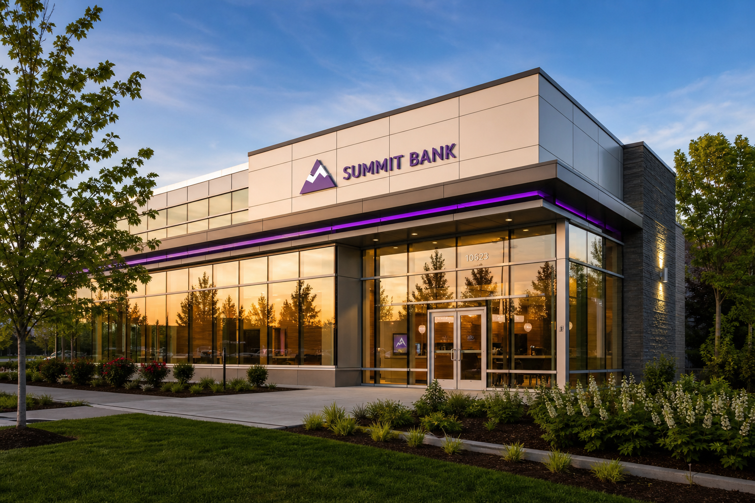 Modern bank branch building at golden hour representing trustworthy banking