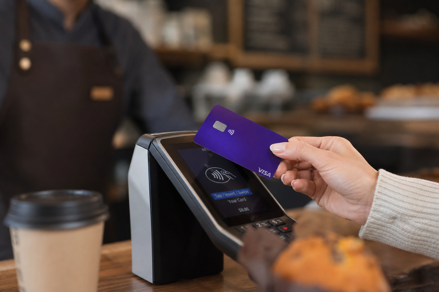 Contactless purple card payment linked to a Truist online banking account