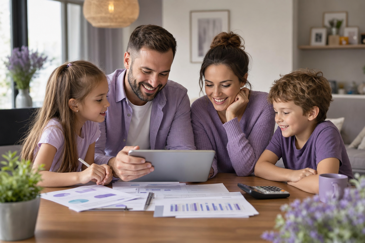 Happy family reviewing their Truist banking accounts together on a tablet at home