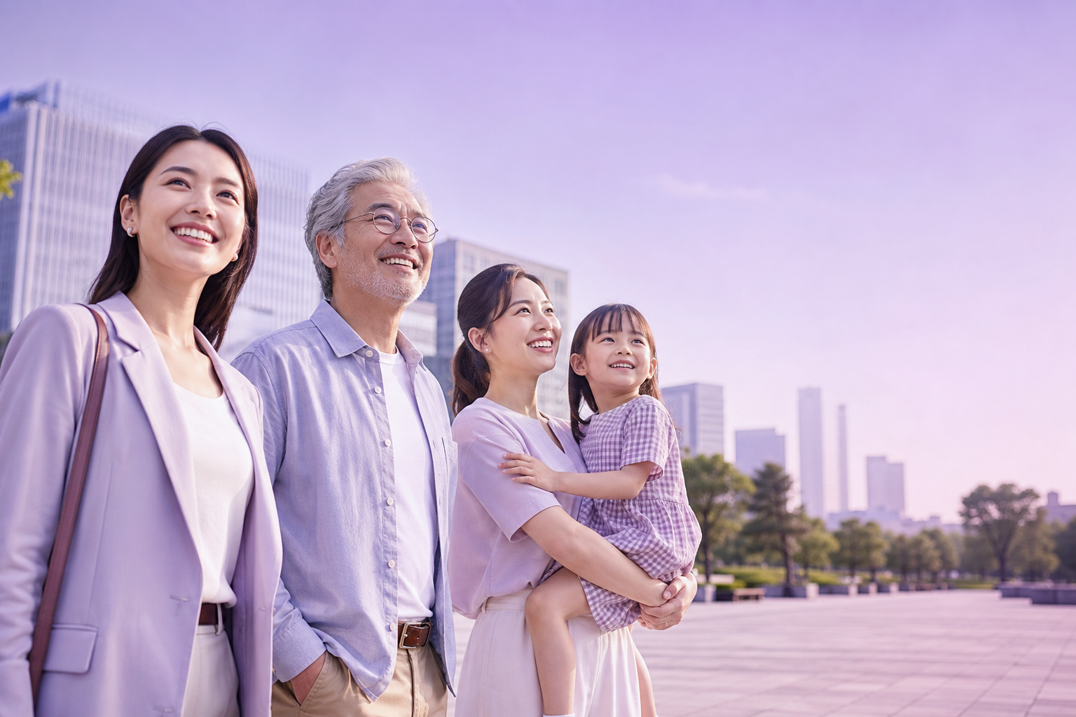 Diverse group of smiling Truist Bank customers standing together in a sunny city plaza