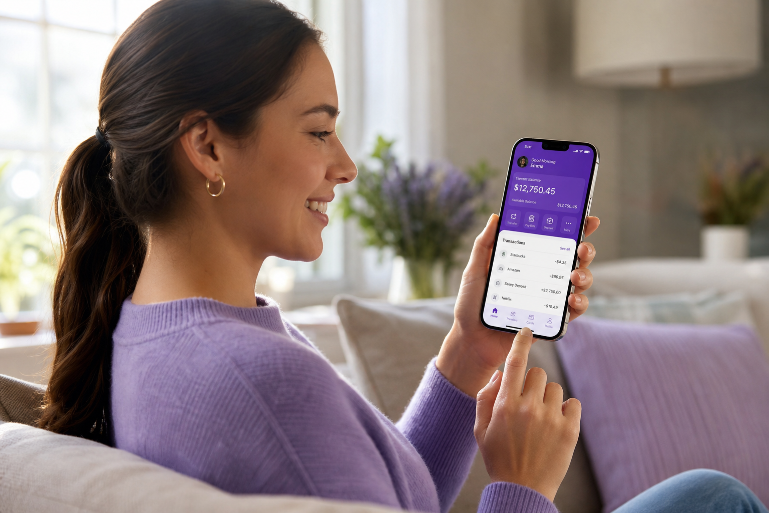 Woman on a sofa checking her Truist Bank balance on a mobile banking app