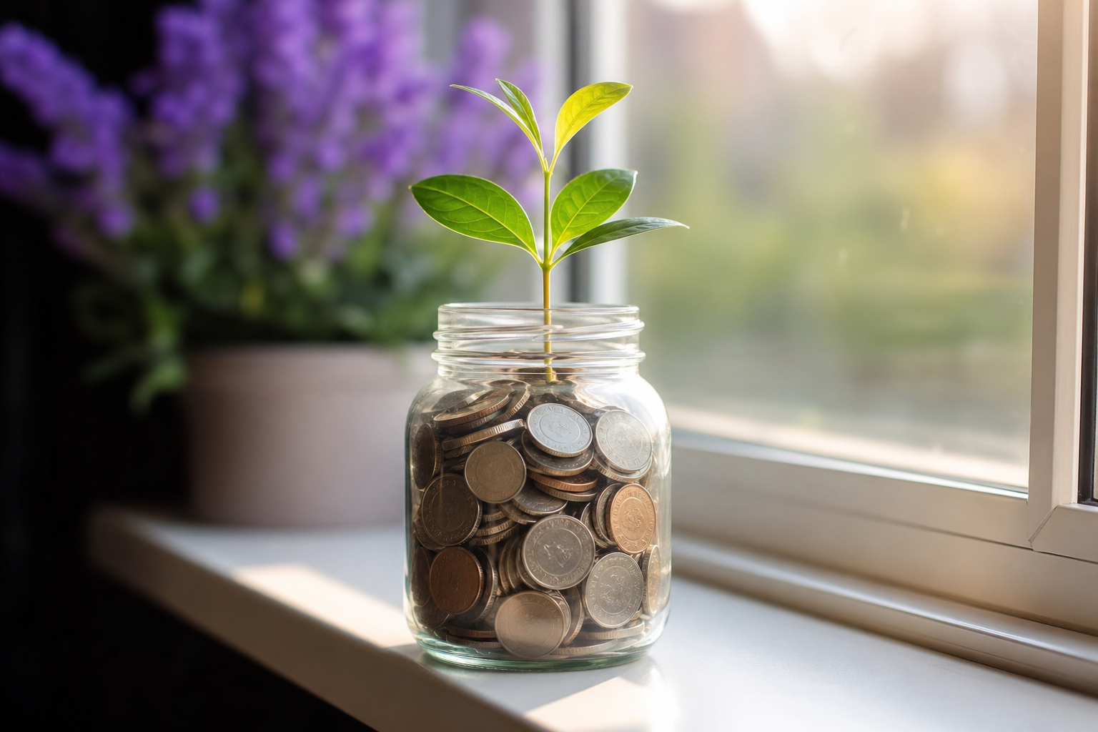 Glass jar of coins with a sprouting plant symbolizing Truist banking savings goals