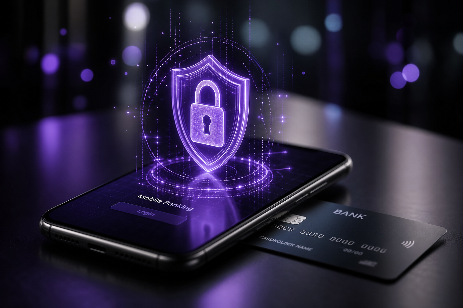 Purple digital padlock and shield hovering over a smartphone representing Truist Bank login security